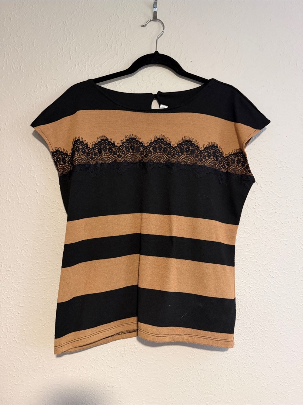 Worthington Women’s Striped Lace-Trim Knit Top — Black & Tan
